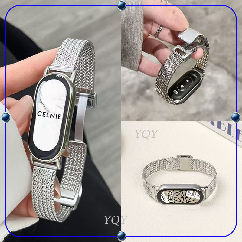 ใช้ได้กับ Xiaomi band 8 9 10 สายรัดหัวเข็มขัดพับแม่เหล็กตาข่ายก้างปลาสแตนเลสสําหรับสายรัดข้อมือ