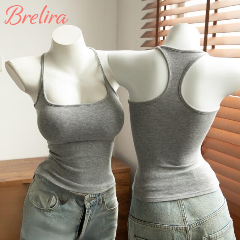 『Brelira』เสื้อกล้าม ผู้หญิง มีฟองน้ำ ในตัว ทรง เข้ารูป เอวคอด คอเหลี่ยม กระชับ รูปร่าง ผ้ายืดหยุ่น หลัง Racerback ใส่เดี่ยว ใส่ซับใน