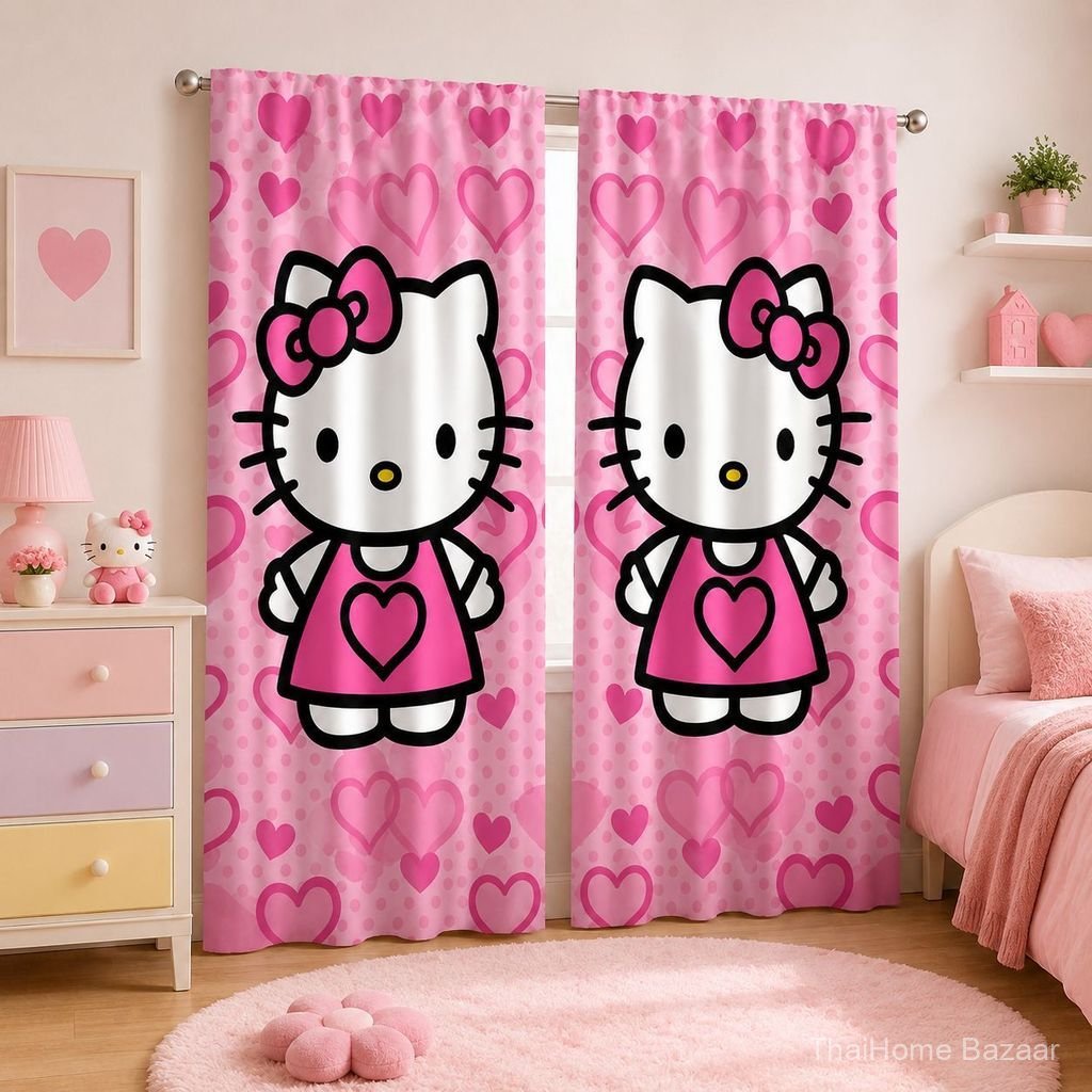 Pink Cute hellokitty Bedroom Curtain-Girly Style-Double Open Curtain-Childing Decorative