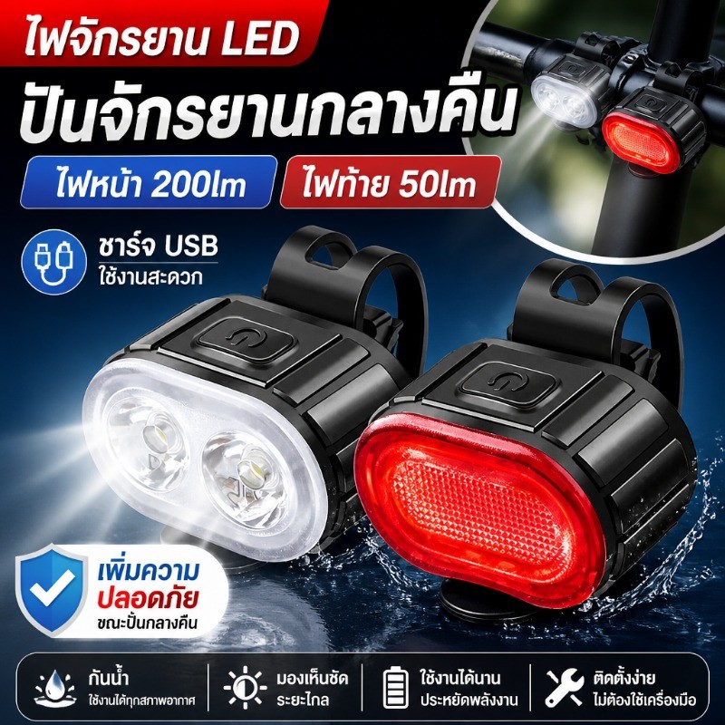 ไฟจักรยาน LED ปั่นจักรยานกลางคืน ชาร์จ USB ไฟหน้า 200lm ไฟท้าย 50l เพิ่มความปลอดภัย กิจกรรมกลางแจ้ง