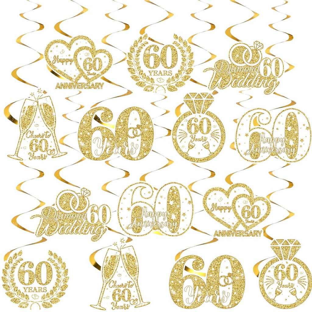 Golden Wedding 60th Anniversary เครื่องประดับตกแต่ง Golden Glitter เกลียวเครื่องประดับงานแต่งงาน 60t