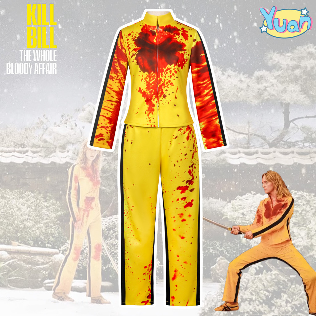 Kill Bill คอสเพลย์เครื่องแต่งกายชุด Bearx Kiddo เจ้าสาวสีเหลืองพร้อมลายสีดําเสื้อแจ็คเก็ตชุดผู้หญิงภ