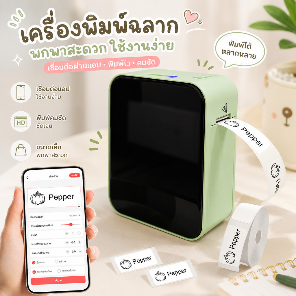 Label Printer P15 เครื่องพิมพ์ฉลากแบบพกพา Bluetooth เครื่องพิมพ์ความร้อน เครื่องพิมพ์ฉลาก ฉลาก อาหาร