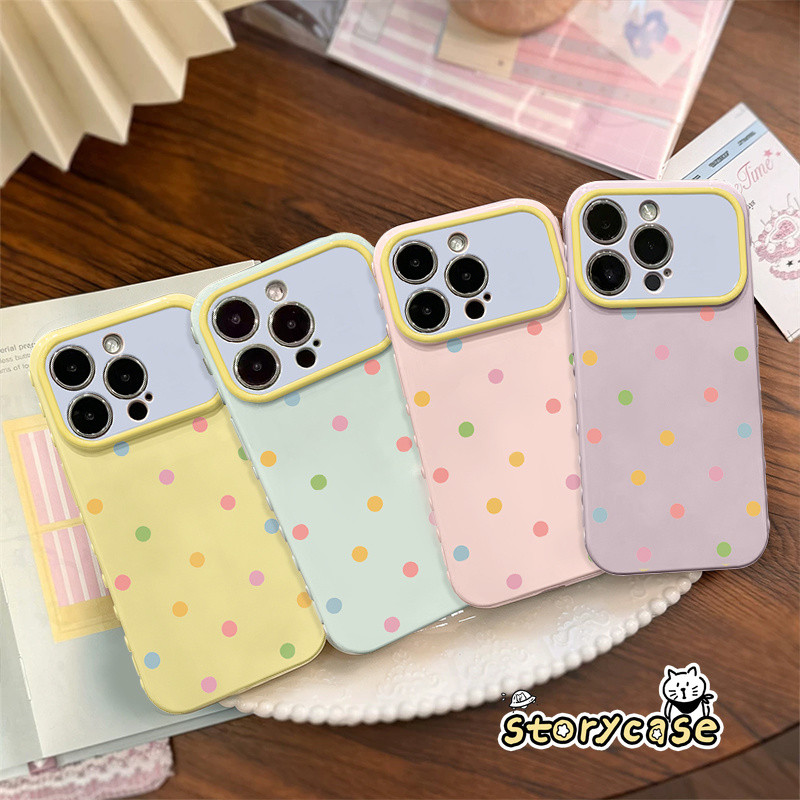 สำหรับ iPhone 17 12 15 11 13 16 14 Pro Max 16 7 8 15 Plus XS X Max เคสหน้าต่างใหญ่ ลายจุดสีสันพาสเทล มีหัวใจด้านข้าง