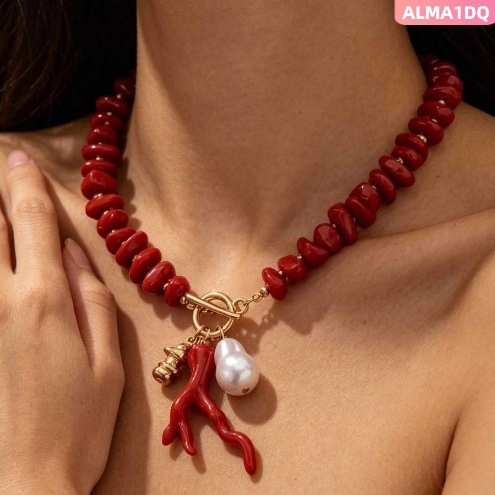 ALMA1DQ สร้อยคอลูกปัดปะการัง, OT หัวเข็มขัดจี้สีแดงสร้อยคอChoker,ไม่สม่ําเสมอ Baroque Pearlปรับเครื่