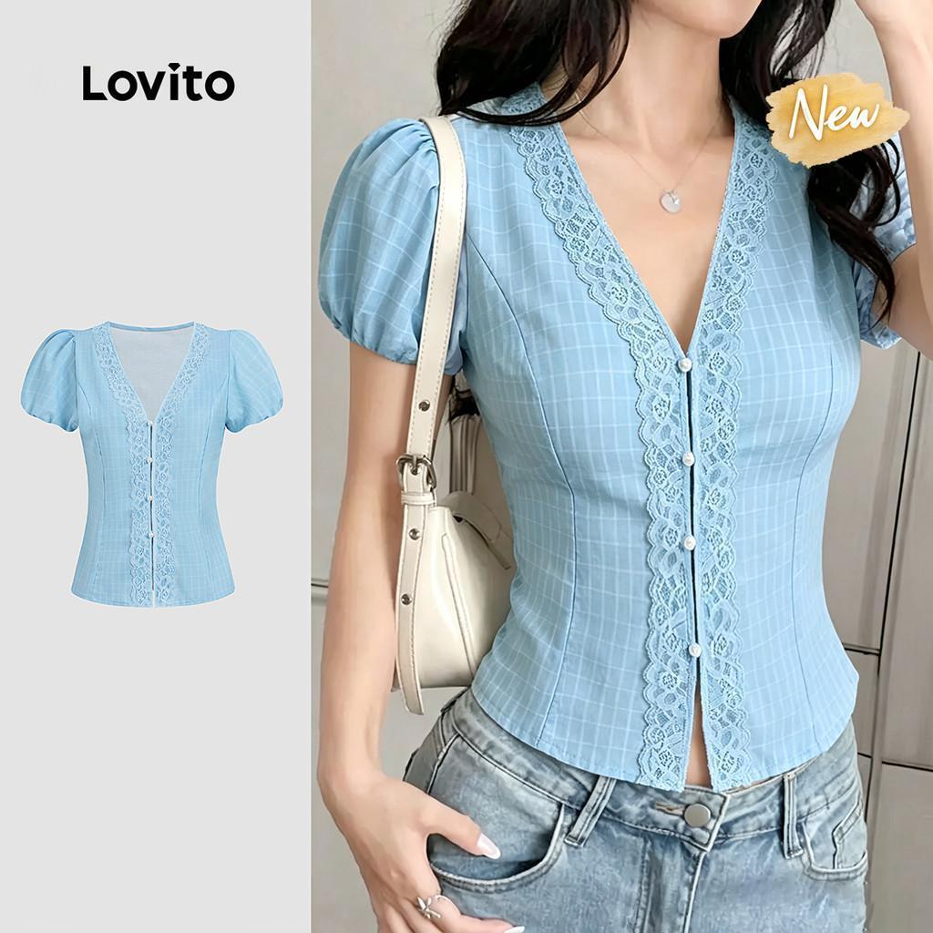 (New Arrival) Lovito เสื้อเชิ้ตผู้หญิงสีฟ้า แขนลูกไม้ แบบกระดุม สไตล์แคชชวล เหมาะสําหรับฤดูใบไม้ผลิและฤดูร้อน BLB198P1D501