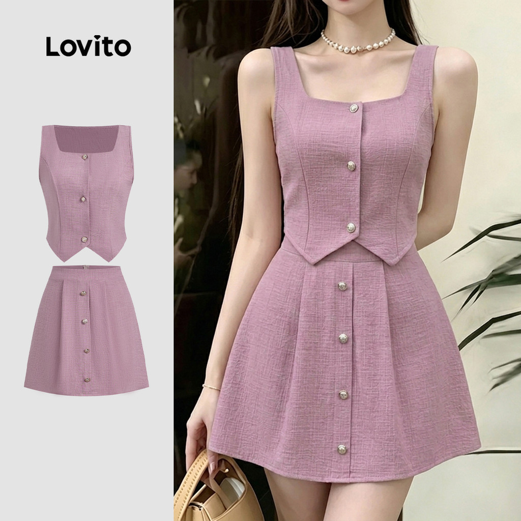 Lovito เสื้อเบลาส์หรือกางเกง สีชมพู แพ็คคู่ สําหรับผู้หญิง เหมาะกับฤดูใบไม้ผลิ/ฤดูร้อน ดีไซน์กระดุมหน้า LK6ED204
