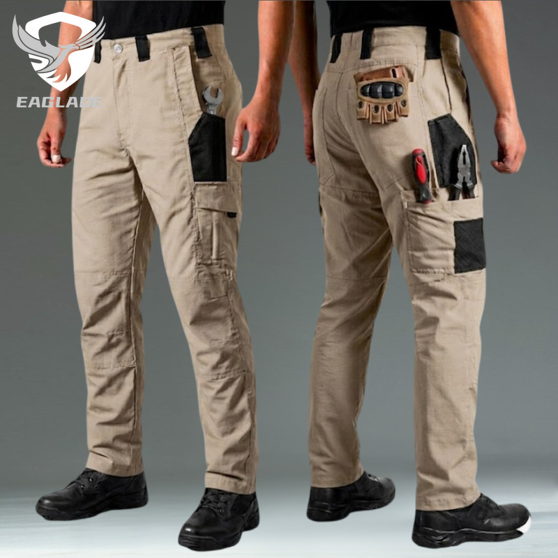 EAGLADE Men Maintenance Work Pants Water Repellent Breathable Multi Pocket Khaki A01