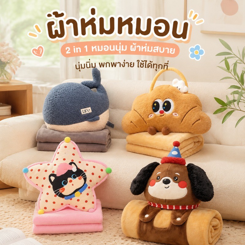 หมอนผ้าห่ม 2in1 อเนกประสงค์ ลายสัตว์น่ารัก สไตล์ INS นุ่มสุดนิ่ม พับเก็บง่าย พกพาสะดวก เหมาะพักกลางวันที่สำนักงาน