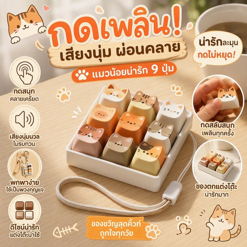 พวงกุญแจคีย์บอร์ด 3D Mechanical Keychain ปุ่มกดได้จริง คีย์บอร์ดแมว ASMR ของแต่งโต๊ะ