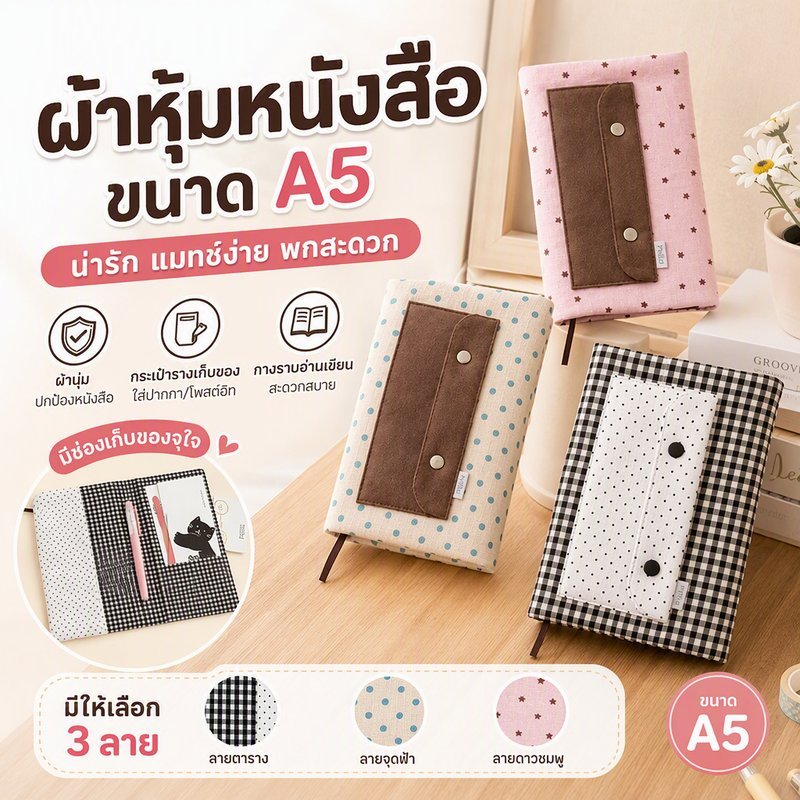 ปลอกหนังสือผ้า สำหรับสมุดโน้ต ลายจุดลายตาราง มีช่องเก็บปากกากระดุมกด ผ้านุ่มกันรอย โรงเรียน เดินทาง