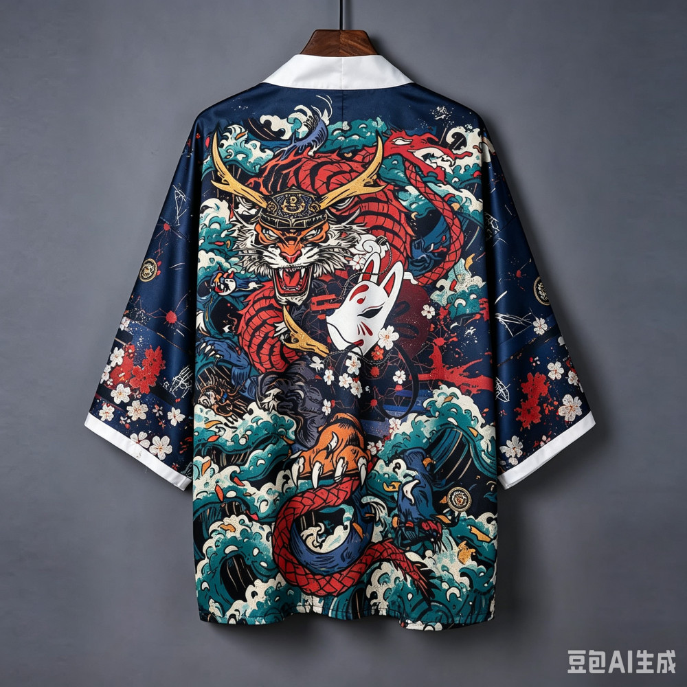 Ukiyo-e Dragon Tiger Kitsune Haori Kimono Open-Front Cardigan, Street-Style Casual Outerwear