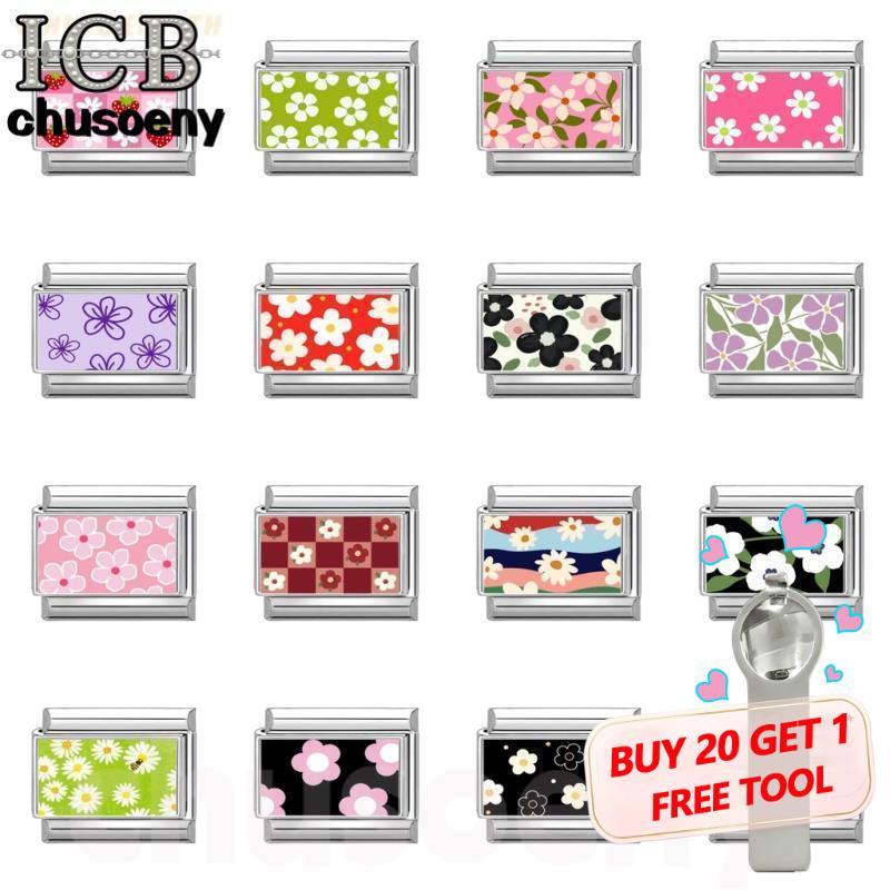 สร้อยข้อมือสแตนเลส DIY แบบโมดูล พิมพ์ลายดอกไม้สีสันสดใสสไตล์อิตาเลียน ขนาด 9 มม.