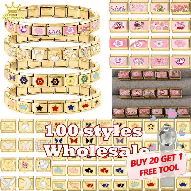 Y2K สีชมพูออกแบบน่ารักแมวสุนัข Bow Cherry Tulip Golden Italian Charm Links 9 มม.กําไลข้อมือสแตนเลส DIY ทําของขวัญ