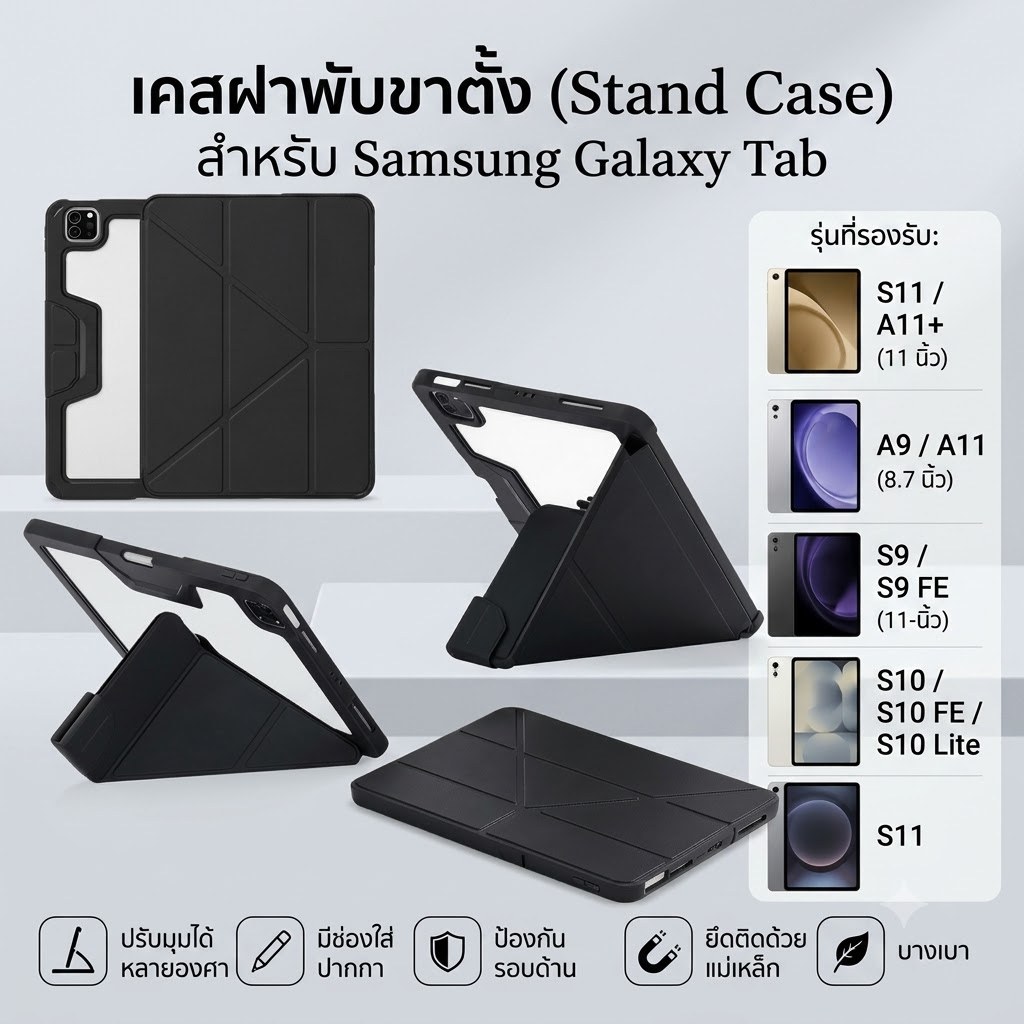 เคส Samsung Galaxy Tab Y-Fold 4-in-1 พร้อมขาตั้งปรับมุมได้หลายระดับ ช่องเสียบปากกา A9 A9+ A11 A11+ S