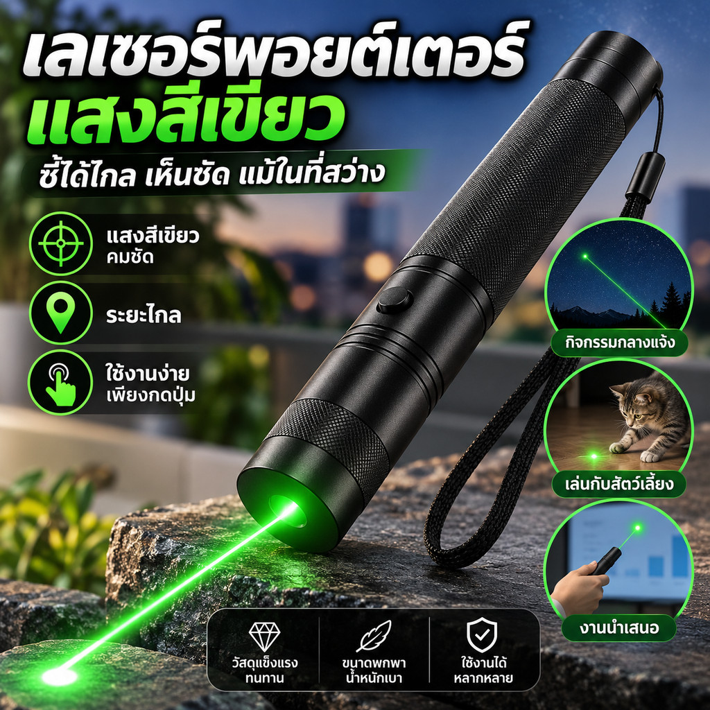 Laser pointer 303 อุปกรณ์ไล่นกพิราบ แสงเขียวคมชัด พกพาสะดวก มาพร้อมถ่านชาร์จ 6800mAh และเครื่องชาร์จ เหมาะใช้งานกลางแจ้ง
