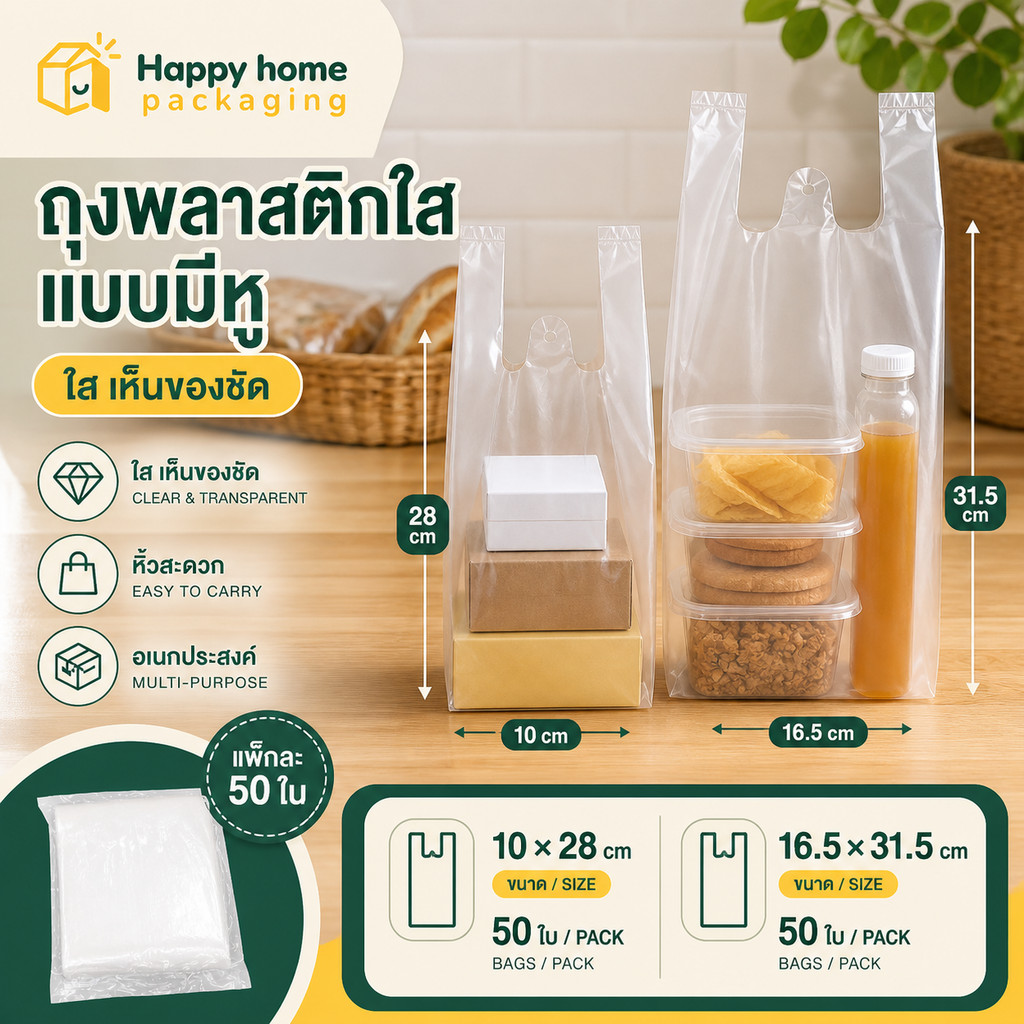 ถุงพลาสติกใสแบบมีหู สำหรับแก้วน้ำ Clear Plastic Drink Carry Bag ถุงหิ้วแก้วน้ำ ถุงใส่เครื่อง ดื่ม กาแฟ (50 ใบ/แพ็ค)