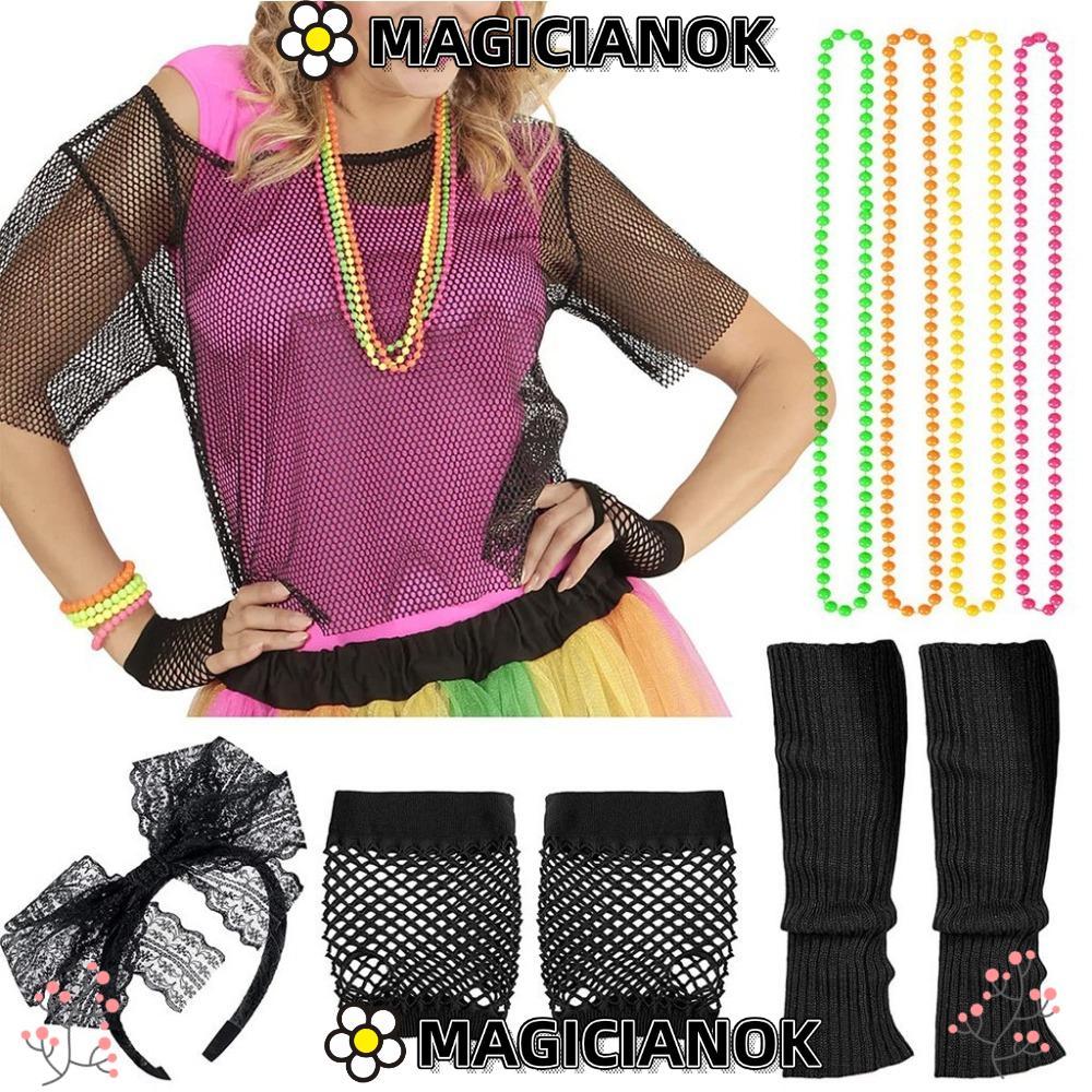 MAGICIANOK Fishnet สร้อยคอชุด, ขาอุ่นแถบคาดศีรษะ 80s เครื่องแต่งกายชุดอุปกรณ์เสริม, สร้อยคอโซ่ลูกปัด