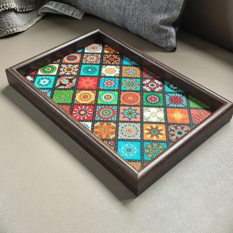 Snowr Bohemian สไตล์ถาดไม้ทนทาน Handmade Square 30x20 ซม.Sna เสิร์ฟ Platter สําหรับ Home Bar ร้านอาห