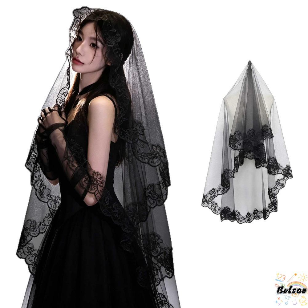 BOLSACF Tulle Veil, Lace Edge Floral Lace Trim Lace Veil, Elegant Black Two-Layer Headpiece Veil สํา