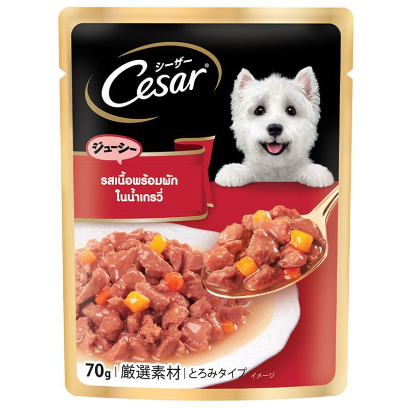 ซีซาร์สุนัขโตรสเนื้อและผักในน้ำเกรวี่อาหารสุนัขชนิดเปียก70กรัม Cesar Beef Veget In Gravy 70g