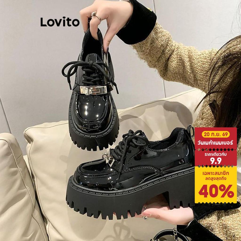 Lovito รองเท้าแมรี่เจนสไตล์เกาหลีเรียบๆ หัวเข็มขัดโลหะ สำหรับผู้หญิง LFA66235