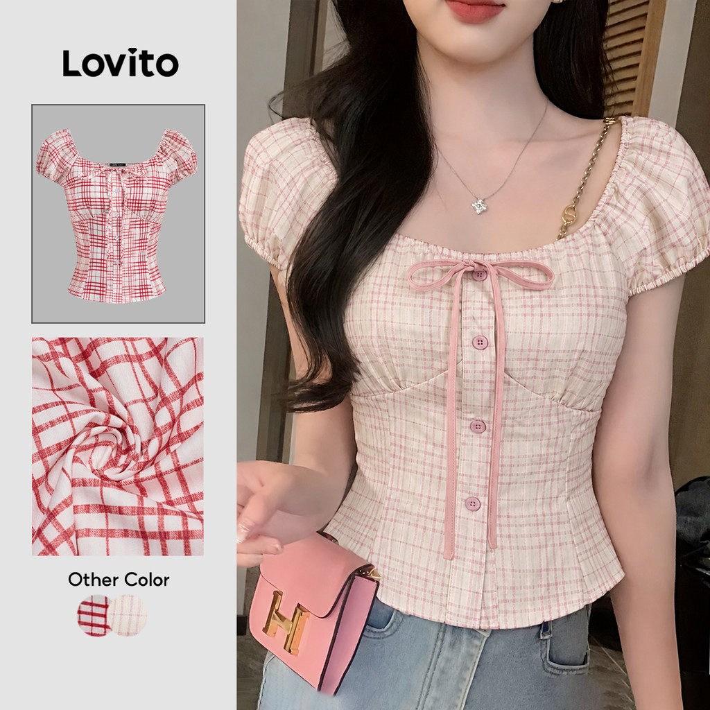 Lovito ชุดแคชชวล เสื้อเบลาส์สีชมพูผ้าลายสก็อตผูกโบว์ สำหรับฤดูใบไม้ผลิ/ฤดูร้อน สำหรับผู้หญิง เกาหลี อินเทรนด์ L136AD105