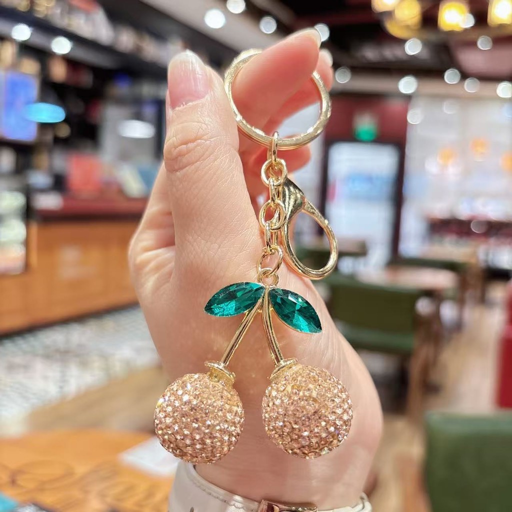 สร้างสรรค์เพชรเต็มขนาดเล็กใบสีเขียวพวงกุญแจเชอร์รี่/แฟชั่นเพชรเชอร์รี่จี้คู่ของขวัญเล็กๆ - รูปที่ 5