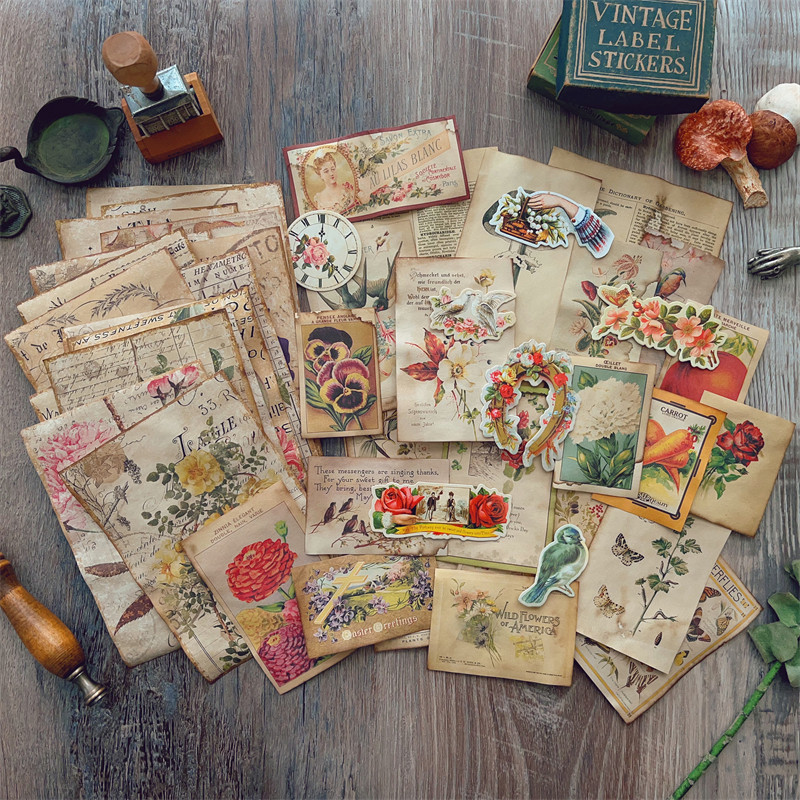 Junk Journal Retro Plant Illustrated Book Handbook วัสดุตกแต่งกระดาษพระนกกระดาษย้อมกาแฟแฮนด์เมด