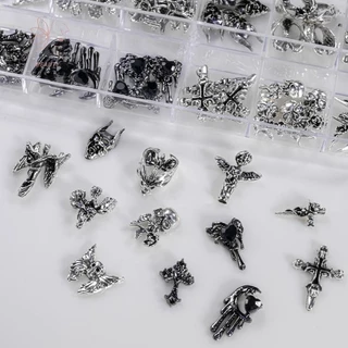 [maybeauty] 12Grid Vintage Cross Nail Art Charms Y2k โลหะสไตล์โลหะผสม Cross Skeleton Angel อุปกรณ์ตกแต่งเล็บ {TH}