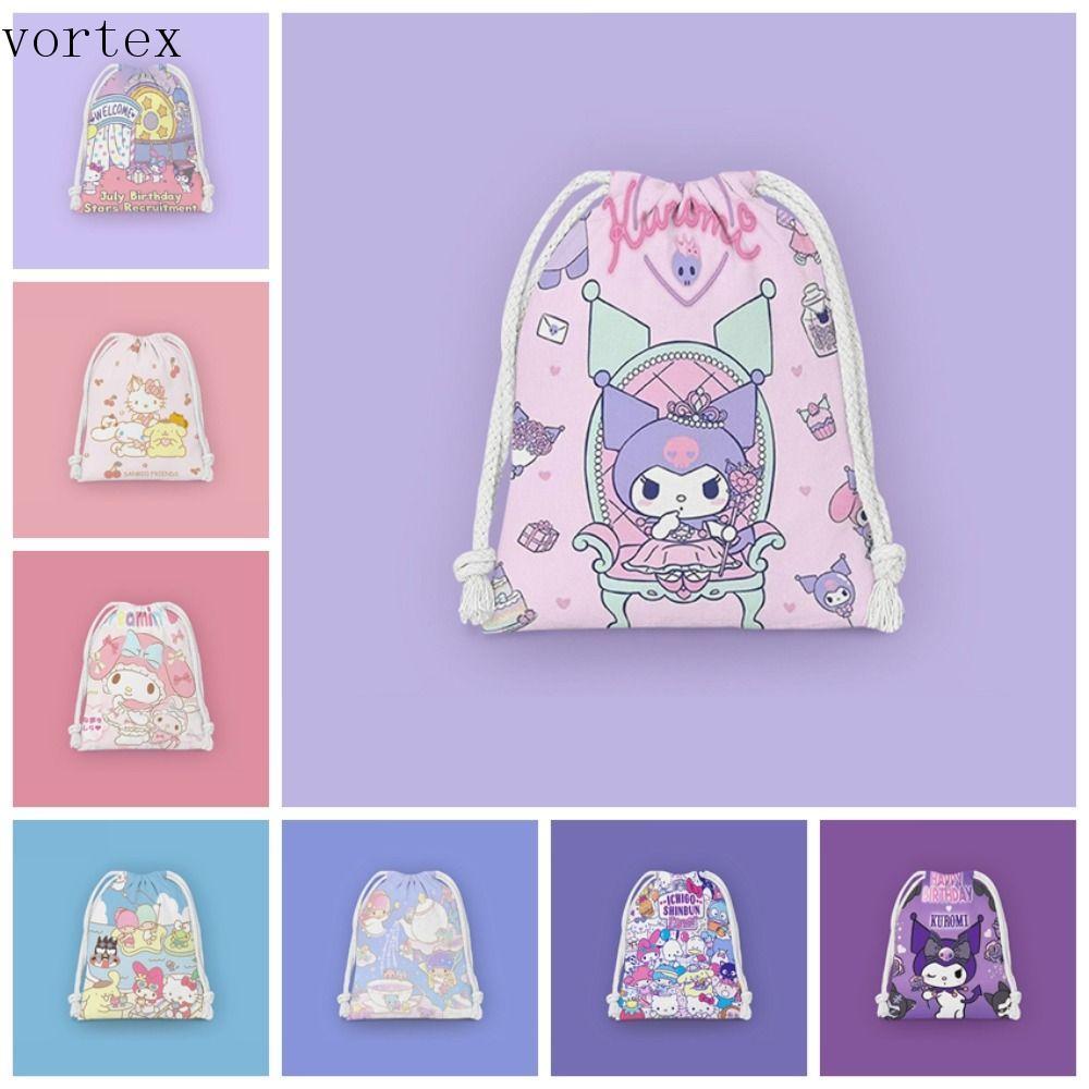 Vortexg Kawaii Kuromi Melody Drawstring Bag กระเป๋าเก็บของน่ารักสำหรับเครื่องสำอางและของใช้ท่องเที่ย