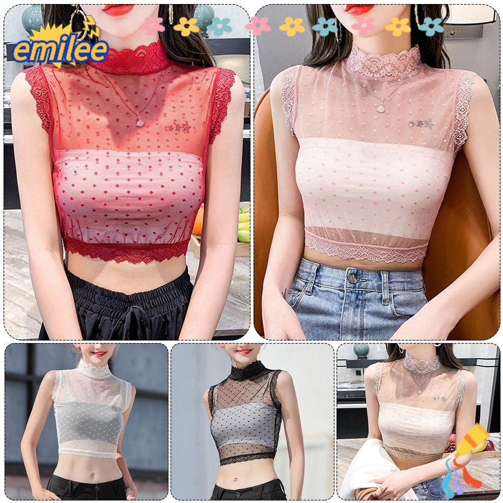 EMILEE เสื้อคROP ท้อปครึ่งคอปกสูง ตาข่ายยืดหยุ่น สำหรับผู้หญิง