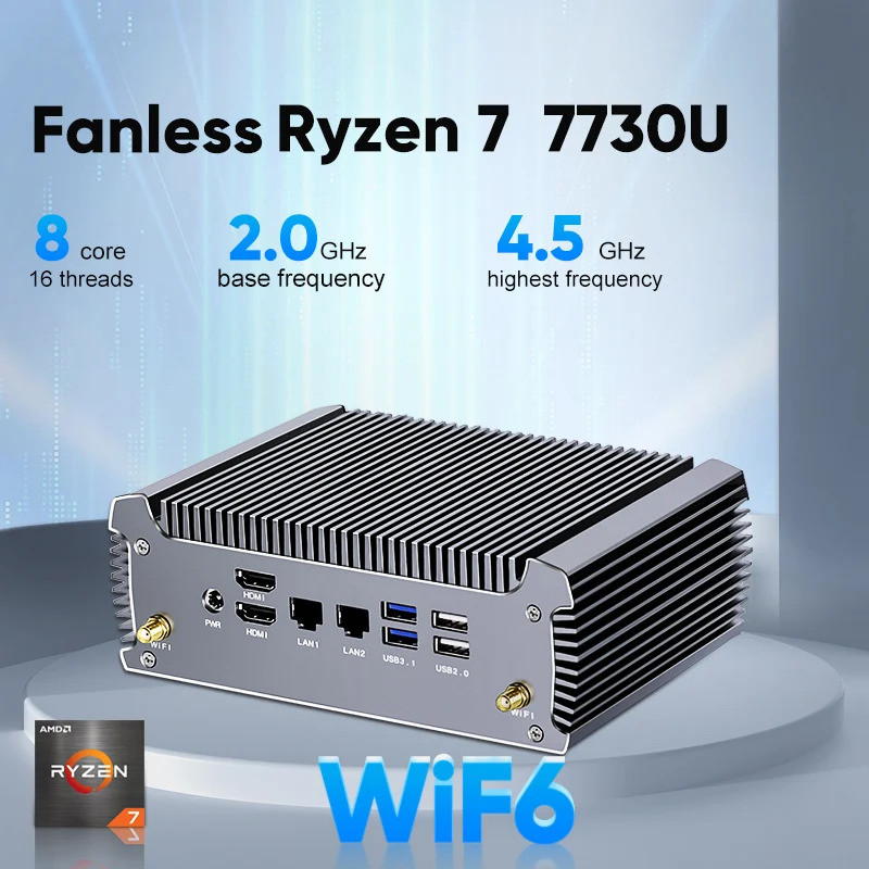 Fanless AMD Mini PC FU02 Ryzen 7730U 5825U 4700U 4500U Windows 11 คอมพิวเตอร์สําหรับเล่นเกม Dual LAN