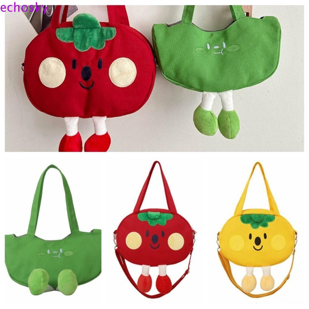 ECHOSKY Tomato Messenger Bag, Large Capacity Canvas Student Tote Bag, Cartoon Tomato Phone Bag Case 