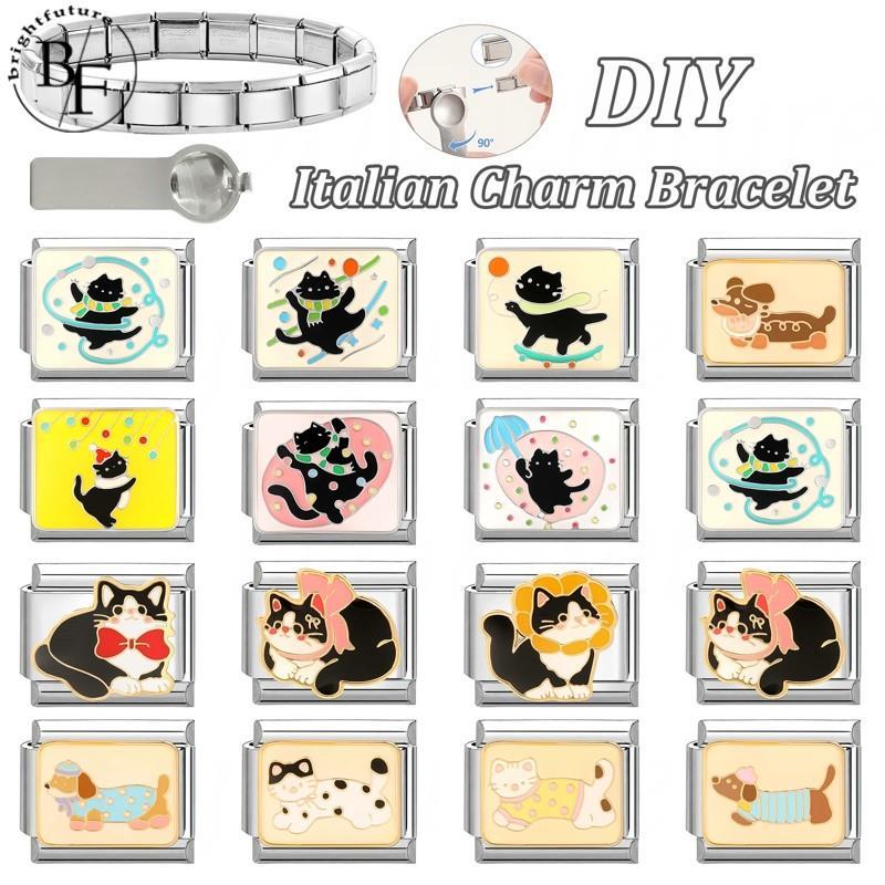 สร้อยข้อมือสแตนเลส charm ลายแมวดำและดักส์훈ท์ ขนาด 9 มม. เครื่องประดับสไตล์เรโทรสำหรับคนสะสม charm