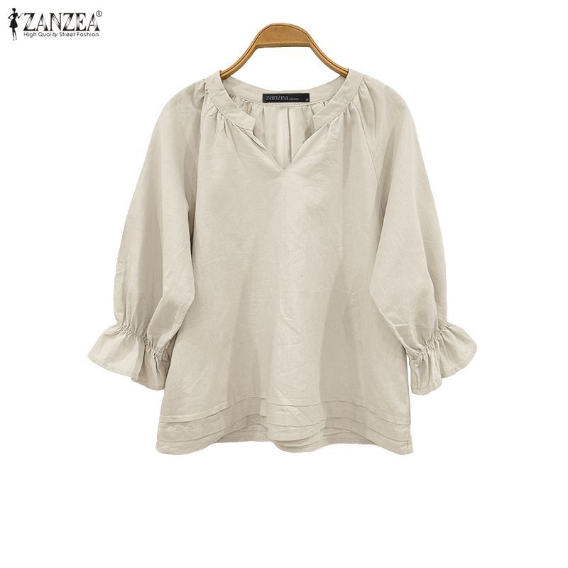 ZANZEA เบลาส์คอวีสไตล์เกาหลีสำหรับผู้หญิง ลายทางที่ขอบแขน 3/4