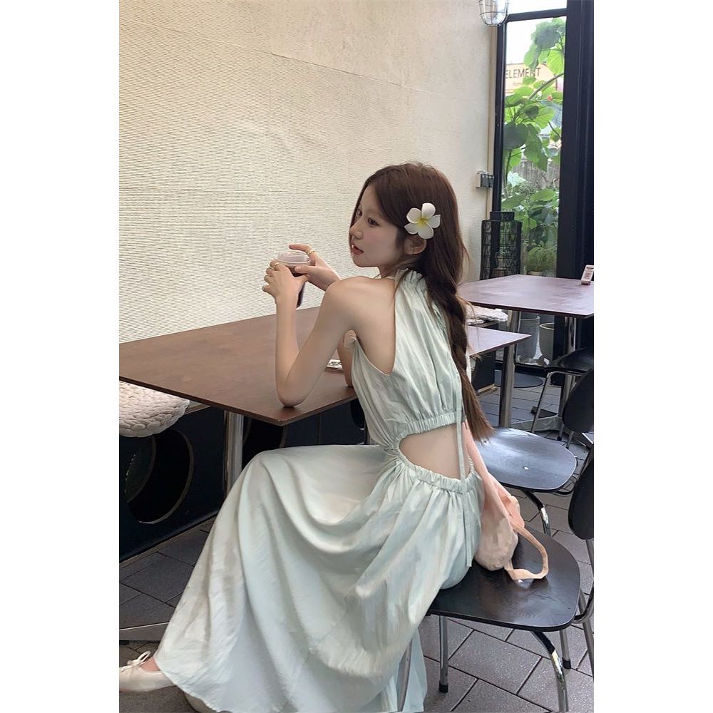 French Hollow Halter คอแคบ-เอว Slimmer ดูสัมผัสเอวชุดออกแบบวันหยุดสไตล์ Lace-Up กระโปรงยาว 6.29 B36.