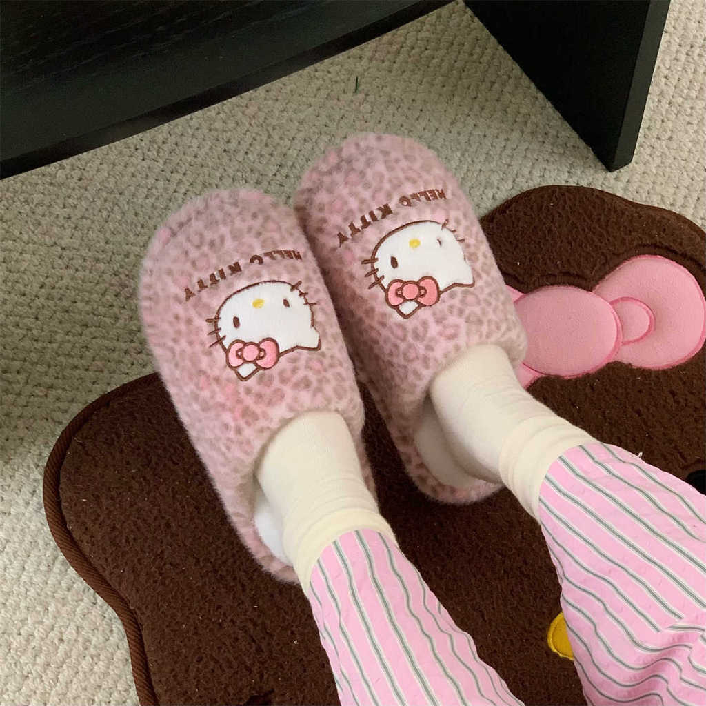 ฉี่ รองเท้าแตะผ้าฝ้ายเสือดาวพิมพ์ลูกแมวหญิงเฉพาะพื้นนุ่มนักเรียนบ้านฤดูหนาวที่อบอุ่น