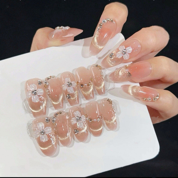 เล็บปลอมยาว เล็บปลอม เล็บปลอมสำเร็จรูปยาว เล็บเจลแท้ [Petal Moon Shadow] Handmade Wearable Nails Gla