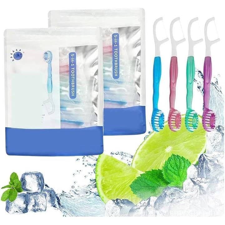 5 in 1 Mini Toothbrush and Floss, Disposable Mini Toothbrushes on The Go,with Toothpaste Travel Port