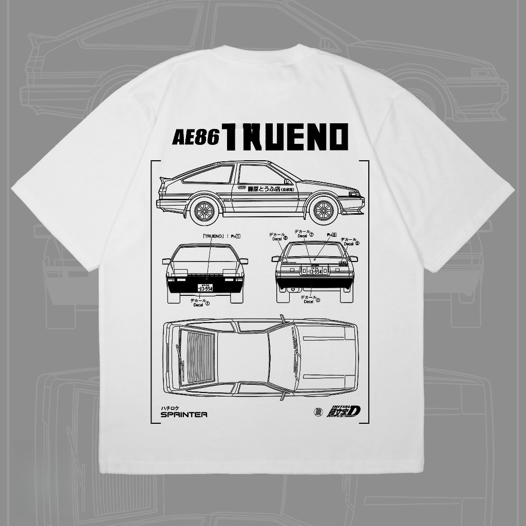 AE86 Trueno Initial D T-shirt เสื้อยืด JDM ลายแผนผังรถ 4 มุมมอง ตัวอักษร AE86 TRUENO ด้านบน