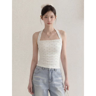 Vogue🌟พร้อมส่ง🌟 เสื้อยืดคล้องคอ ดีไซน์ติดเพชรทั้งตัว เสริมฟองน้ำเข้ารูป ผ้ายืดตามตัว (FY5171)