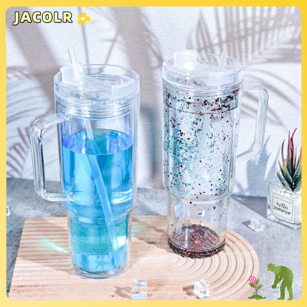 แก้วน้ํา JACOLR Snowglobe หลุมเจาะล่วงหน้า ถ้วยพลาสติกความจุ 40 ออนซ์ โปร่งใสพร้อมที่จับ DIY Mason Jar Cups Drinkware