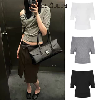 MOSESQUEEN เสื้อยืดแขนสั้นคอวีทรงจีบบุนวมสําหรับผู้หญิง - ดีไซน์สมมาตรสไตล์ Eggy เหมาะสําหรับการกระชับสัดส่วน #63941