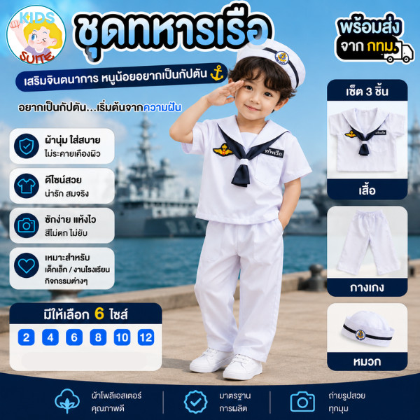 ชุดอาชีพเด็ก ชุดทหารเรือชาย [สีขาว] ชุดทหารเรือ เด็ก 2-9ปี ชุดเด็ก อาชีพในฝัน