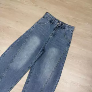 กางเกงยีนส์ทรงบาเรล สียีนส์ฟอก เอวสูงผ้าไม่ยืด ป้ายVintage #6140