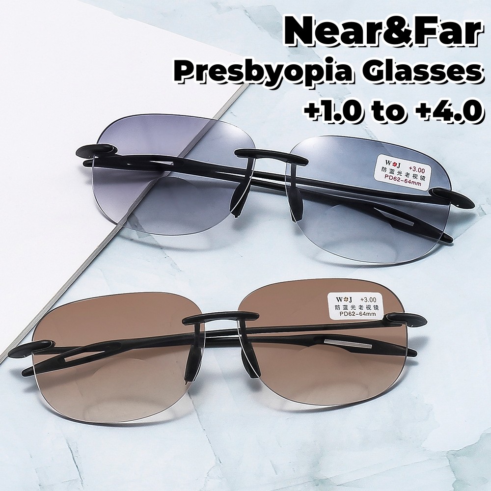 แฟชั่นแว่นตาอ่านหนังสือตามใบสั่งแพทย์ Progressive Bifocal Sun แว่นตาสําหรับวัยกลางคน Frameless แว่นตาสายตายาว Diopter