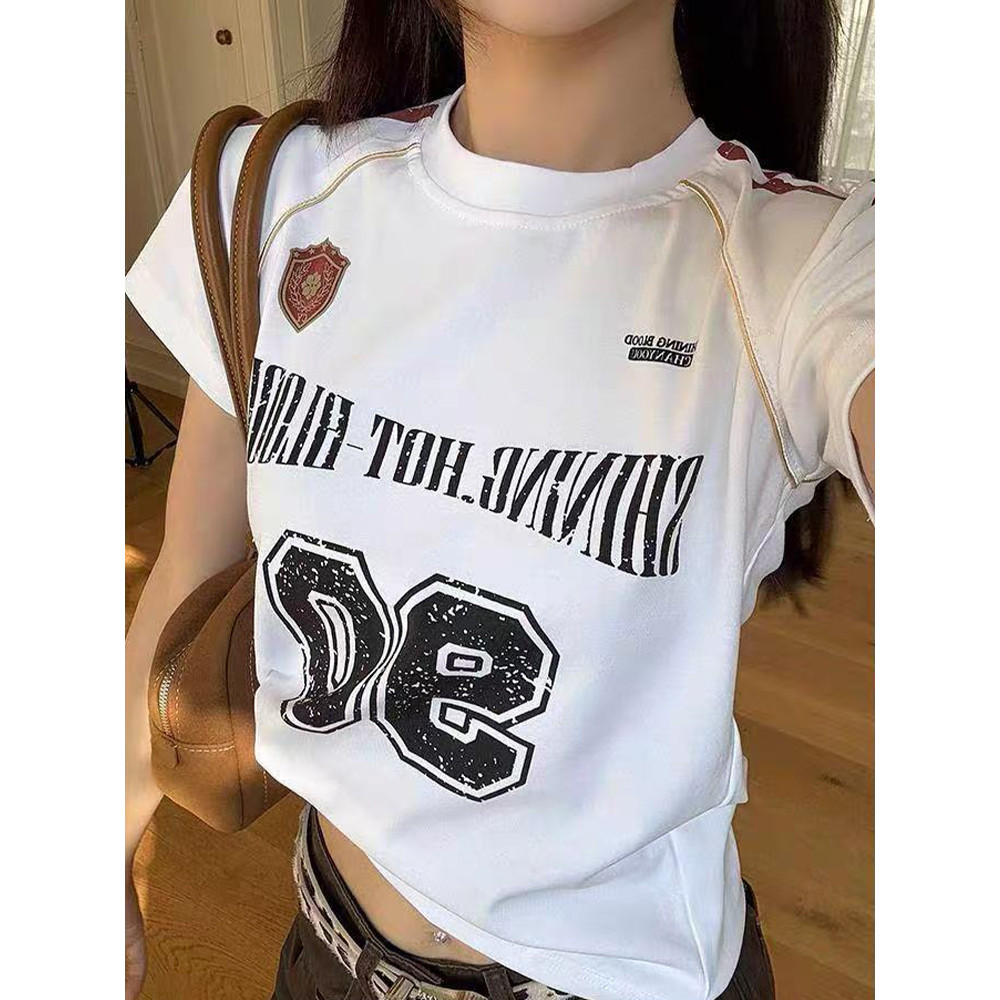 <Moss Queen> เสื้อยืดลายบล็อกสไตล์อเมริกัน เสื้อกีฬาย้อนยุค