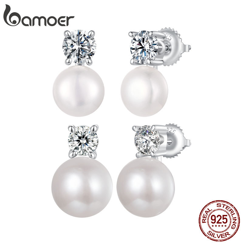 BAMOER บามอส ต่างหูสตั๊ดเงินแท้ 925 ไข่มุกธรรมชาติ มอยซาไนต์ เครื่องประดับของขวัญสําหรับผู้หญิง
