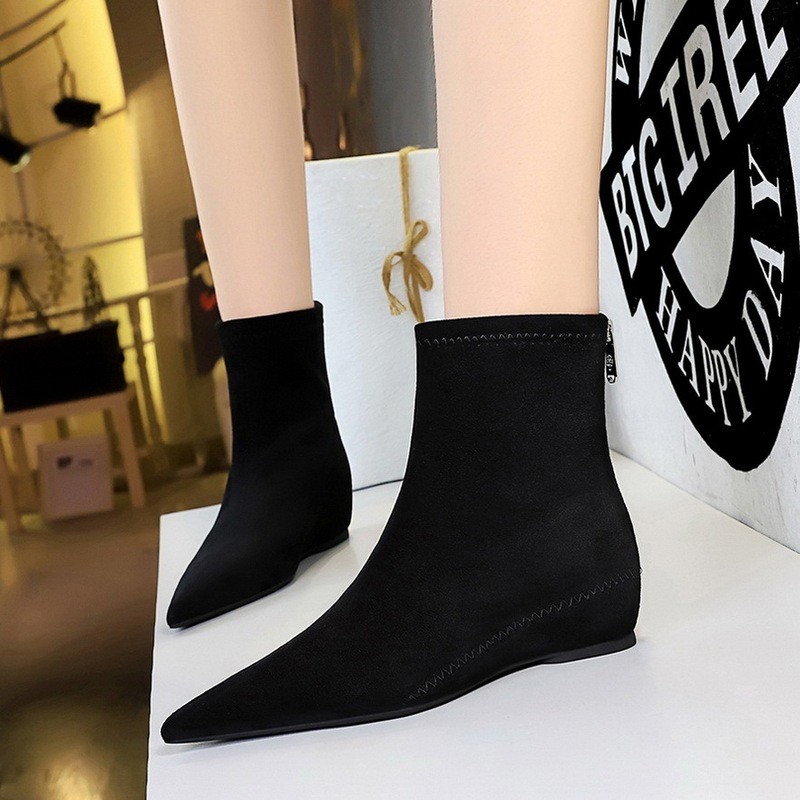 6383-2 เวอร์ชั่นเกาหลีแฟชั่น Simple Low-Heel Womens Boots Low-Heel Wedge Heel ผมด้านในเพิ่ม Pointed 